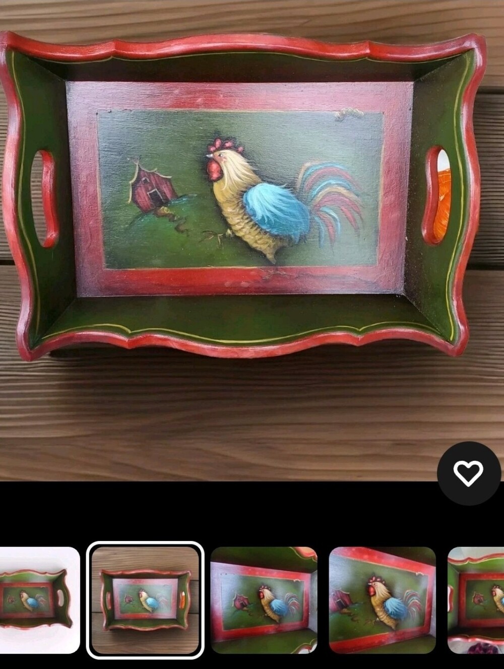 Rooster Folk Art Wood Tray. Handpainted  Farmhouse Scene Signed. USA PNW Oregon